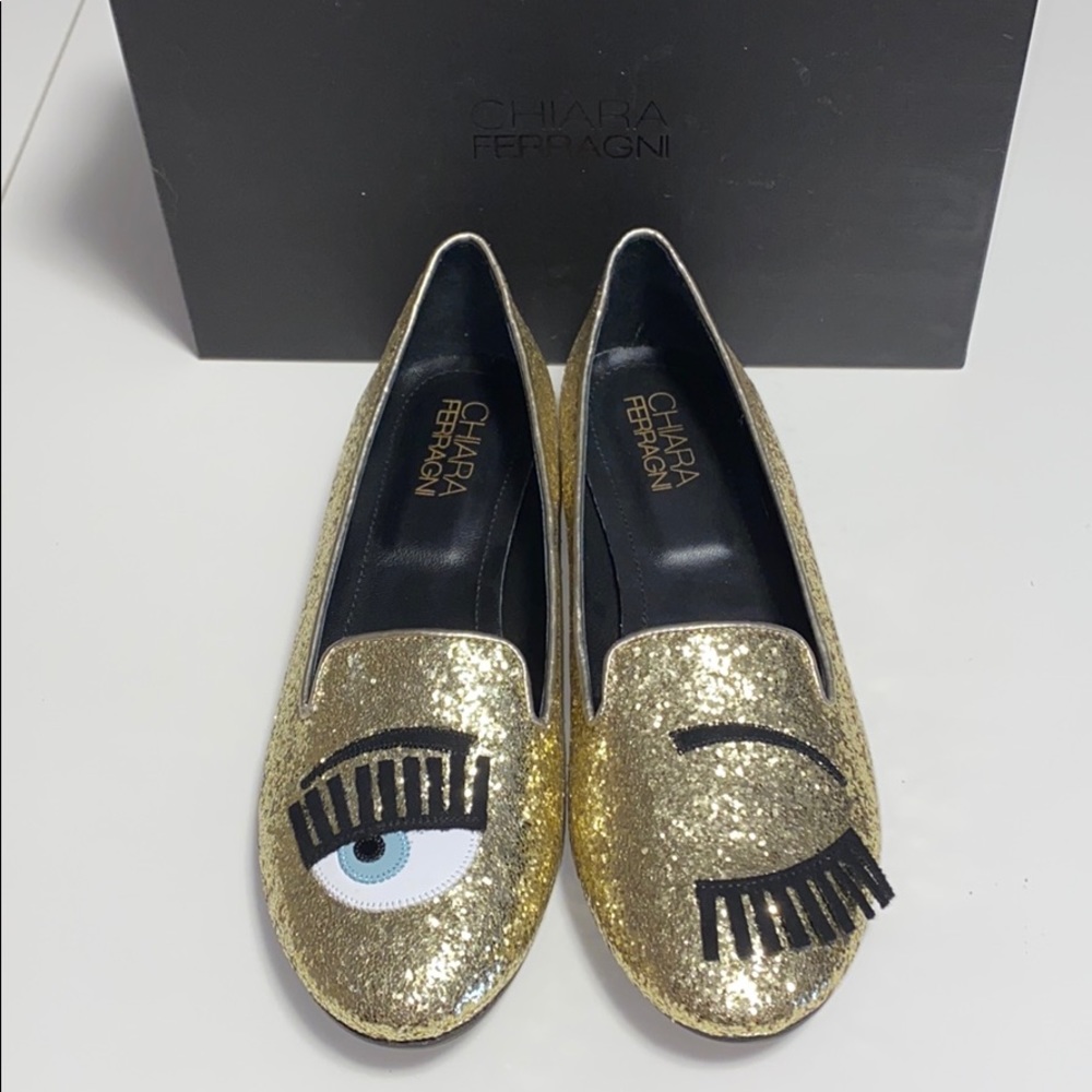 AUTH NIB CHIARA FERRAGNI WINK FLAT GOLD GLITTER